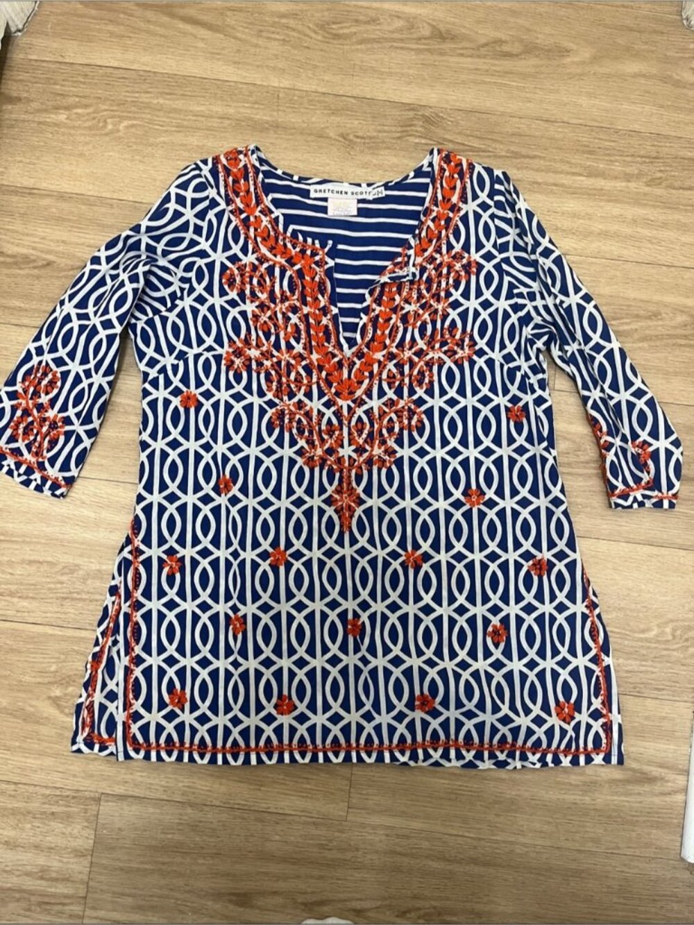 Gretchen Scott Navy & Orange Embroidered Geometric Tunic
